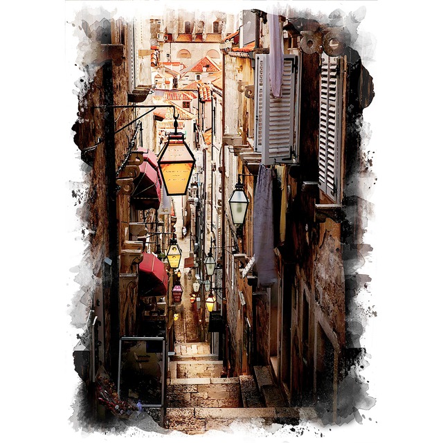 絵画 風景画(街並み)  クロアチア ドゥブロブニク旧市街 インテリアアート額付き 水彩画・油絵風 WAT1063