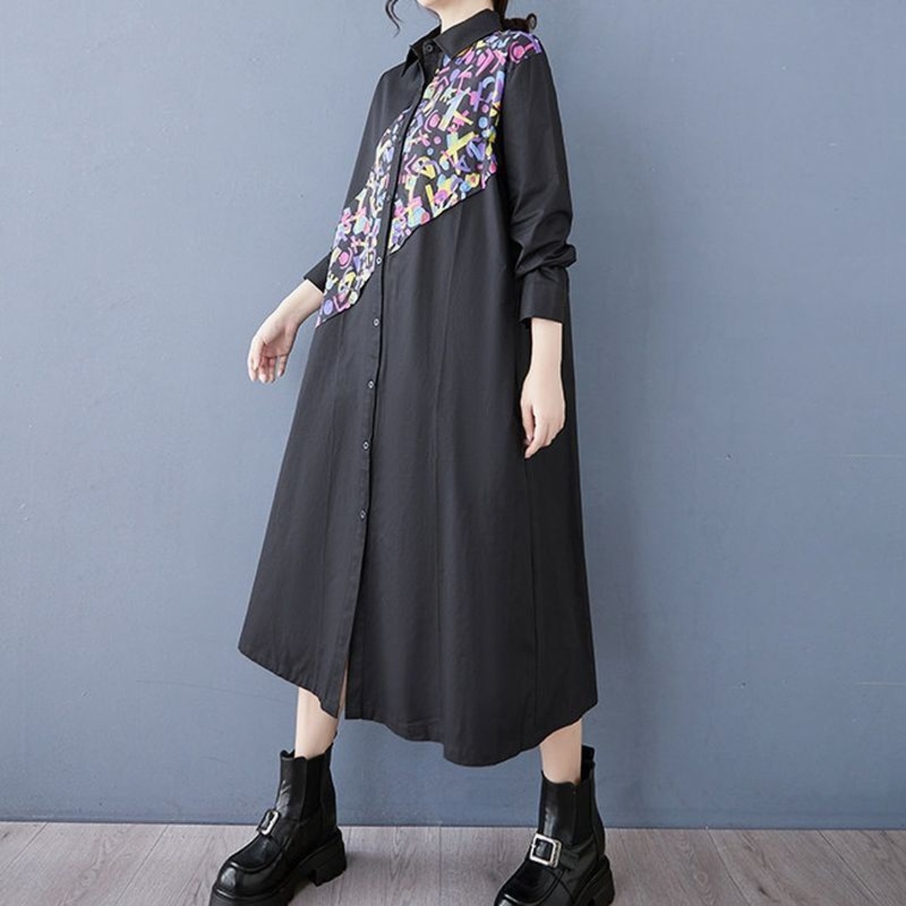 斜め柄 配色 シャツワンピース  00003