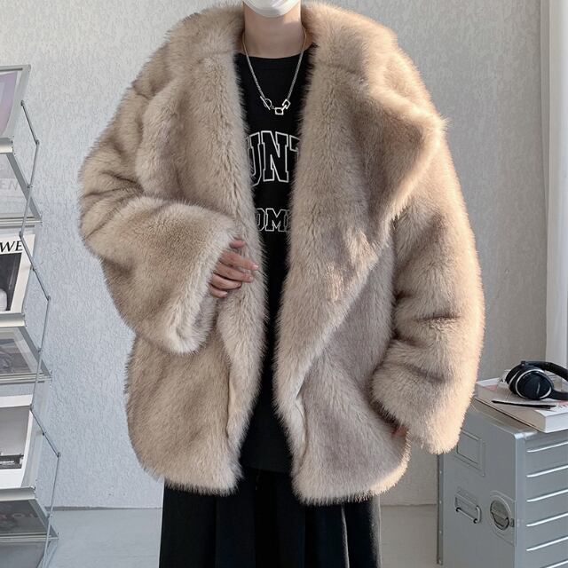 【予約販売】ファーコート メンズ ショート丈 ビッグシルエット 毛皮風 ジャケット 防寒 お洒落 こなれ感 ベーシック 秋冬 大きいサイズ M/L/XL/2XL/3XL