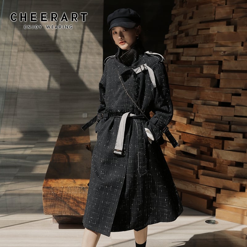 CHEERART ロング 冬 コート レディース 格子縞 白黒 ウール CHEERART ロング 冬 コート レディース 格子縞 白黒 ウール