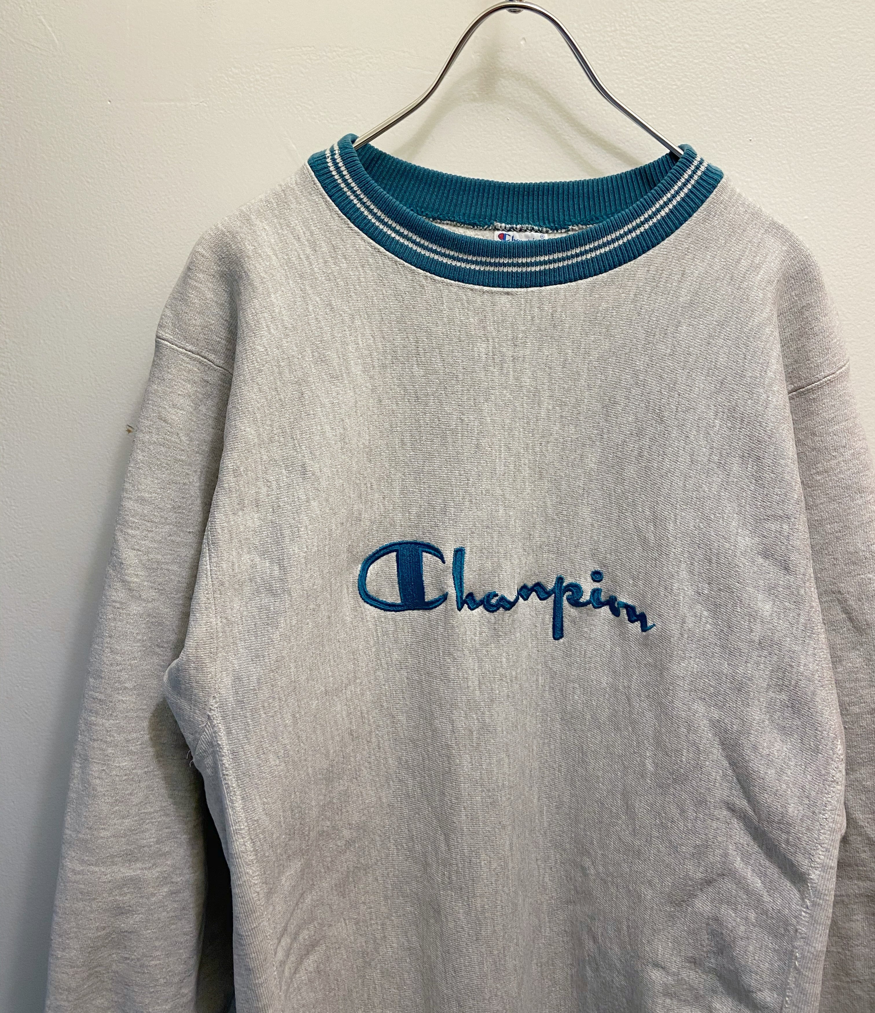 90s古着 USA製 チャンピオン リバースウィーブ 刺繍 ラインリブ スウェットトレーナー