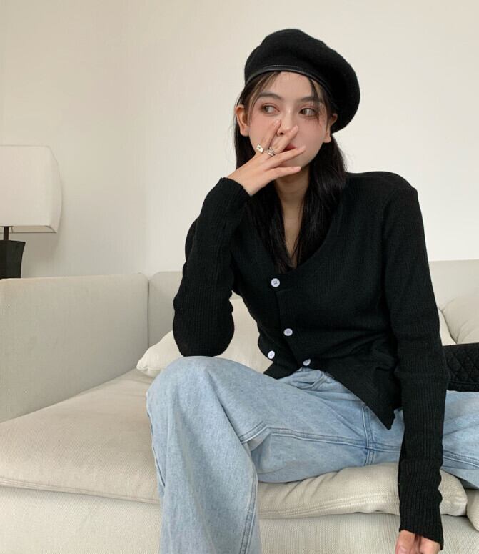 ブラックニットカーディガンオータム薄手セーター ジャケット ショート ロング 秋物 モンロー22884983979