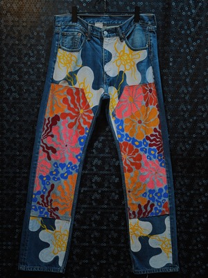 【ÆIEM】"再倖築"Flower and wave paint denim pants