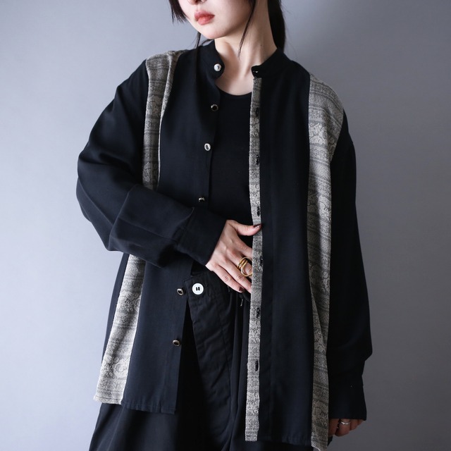 switching gimmick design loose silhouette band-collar shirt