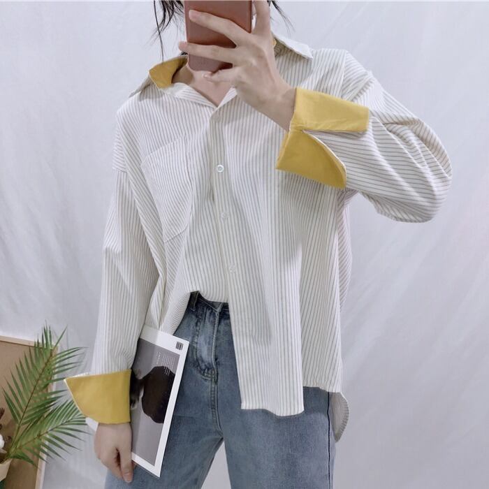 シャツ女性デザインセンスニッチ春服2020新しい縦縞長袖野生学生ルーズで薄いトップ 1号婦人67637257030