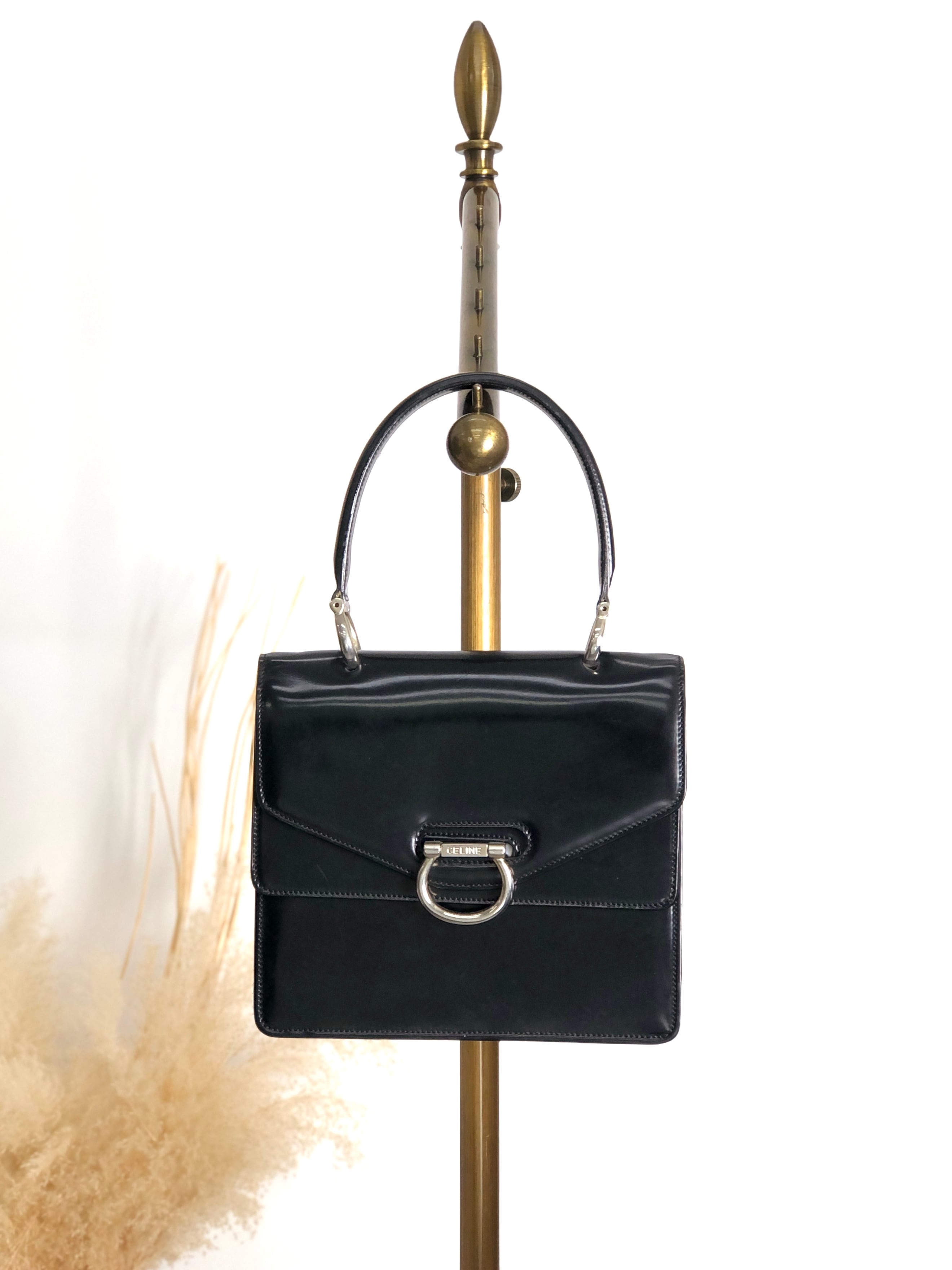 CELINE セリーヌ ハンドバッグ ブラック ガンチーニ ダブルフラップ レザー トップハンドル vintage ヴィンテージ オールド ku22zn