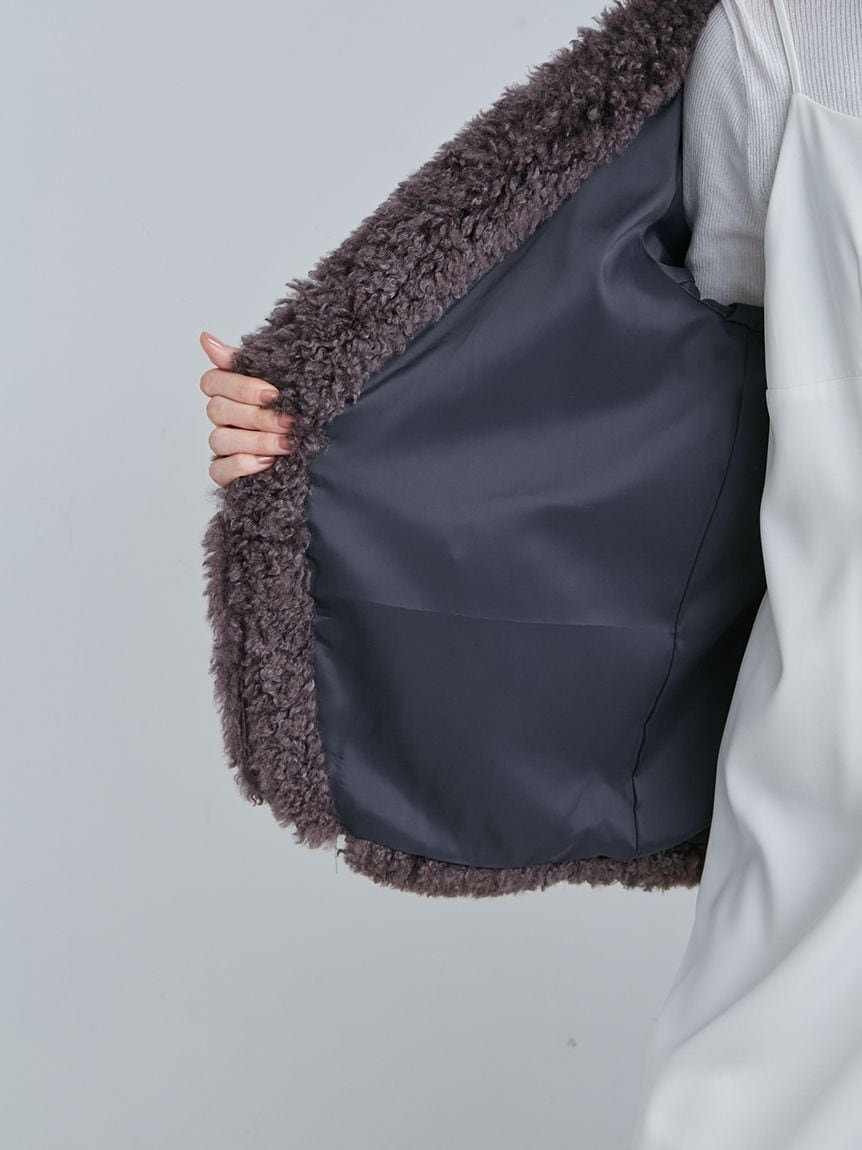 値下げ❣️【定価3.5万✨美品✨】MIESROHEノーカラーファージャケット MIESROHE(Ladies)】recycleノーカラーファージャケット チャコール