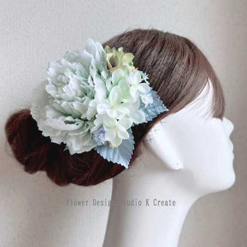 ダンス・発表会に♡ミントカラーのピオニーのヘアクリップ　ミント　ミントグリーン　ペパーミント　髪飾り　花　フラメンコ　ヘアクリップ　チュール　紫陽花