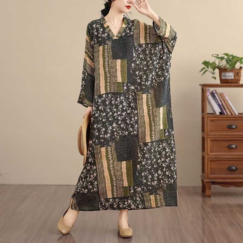 PATCHWORK PRINT V-NECK WIDE MAXI PULLOVER DRESS 1color M-16045