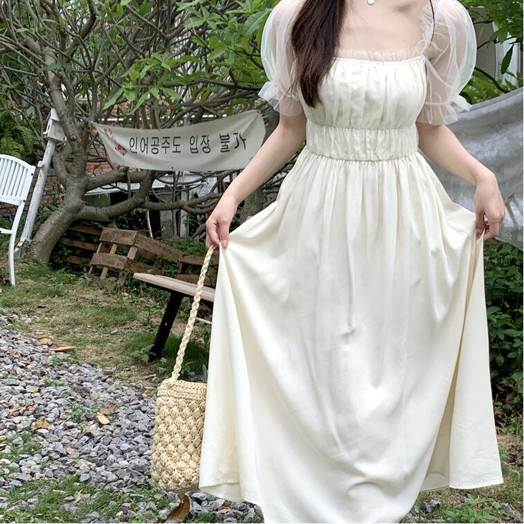 【新作】【送料無料】 【裏地付き】メッシュパフスリーブ気質ニッチハイウエストロングスカート夏の新作無地優しいスタイルドレス 0265428138954