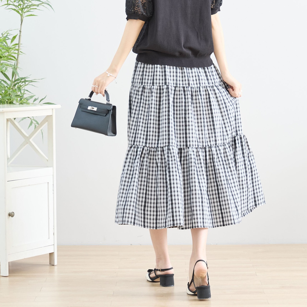 TRUBE レースライン入りギンガムチェックティアードスカート【M~L】ブラック