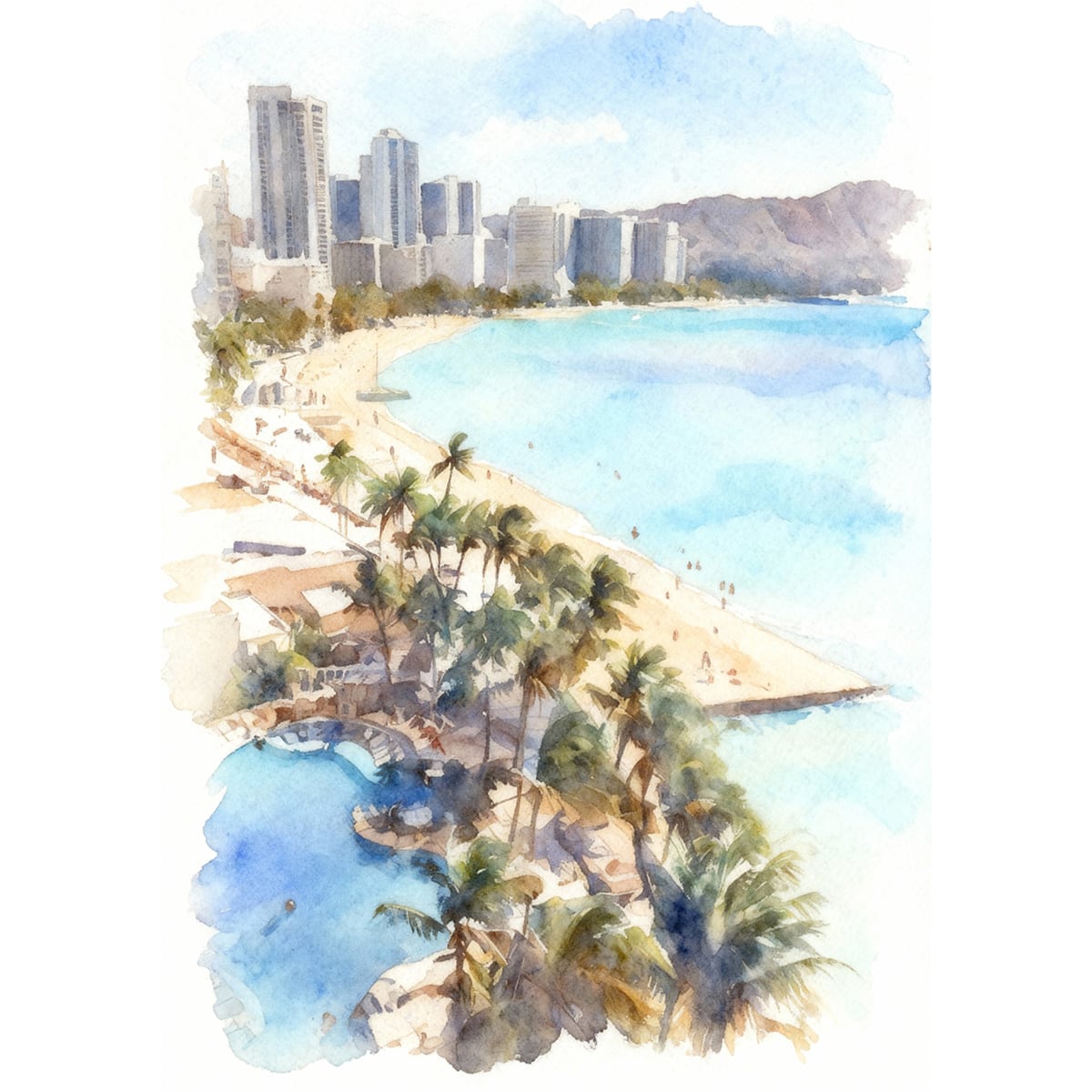 絵画 風景画 ハワイ ワイキキビーチ インテリアアート額付き 水彩画風 WAT1669