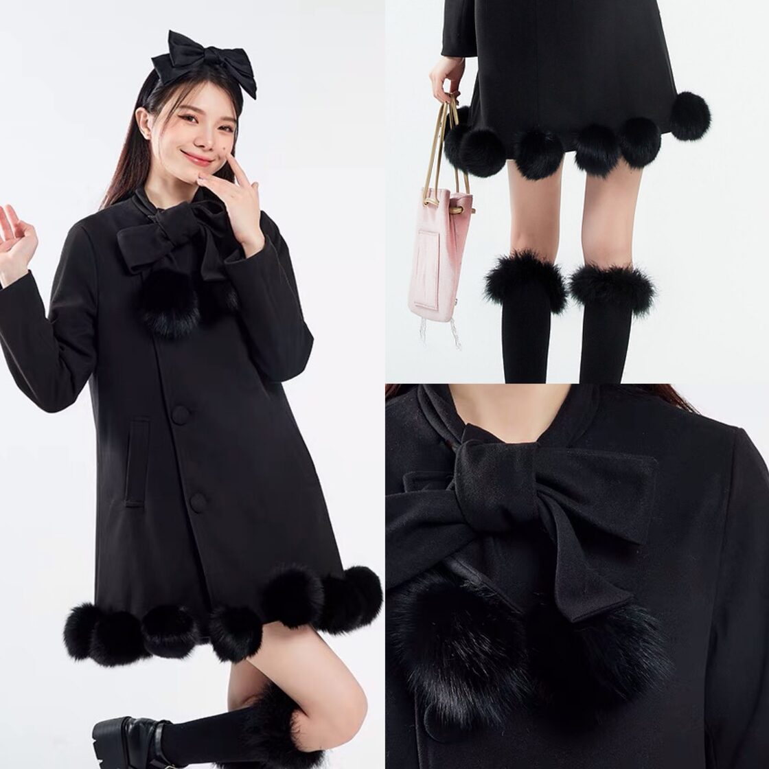 コート 黒 ブラック ぽんぽん リボン シンプル 可愛い 原宿 渋谷 JK 