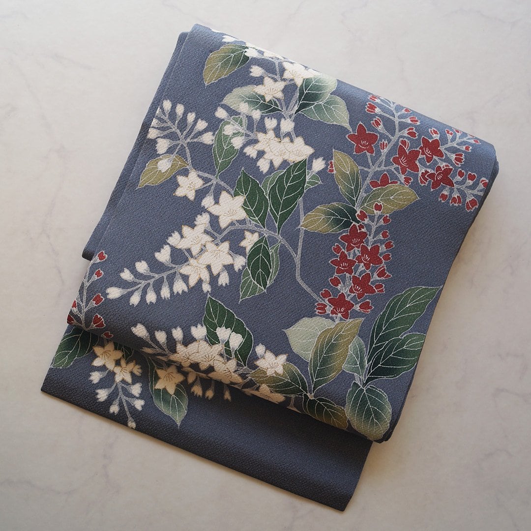 【なごや帯】フォグブルー系 春花モチーフ 縮緬なごや帯