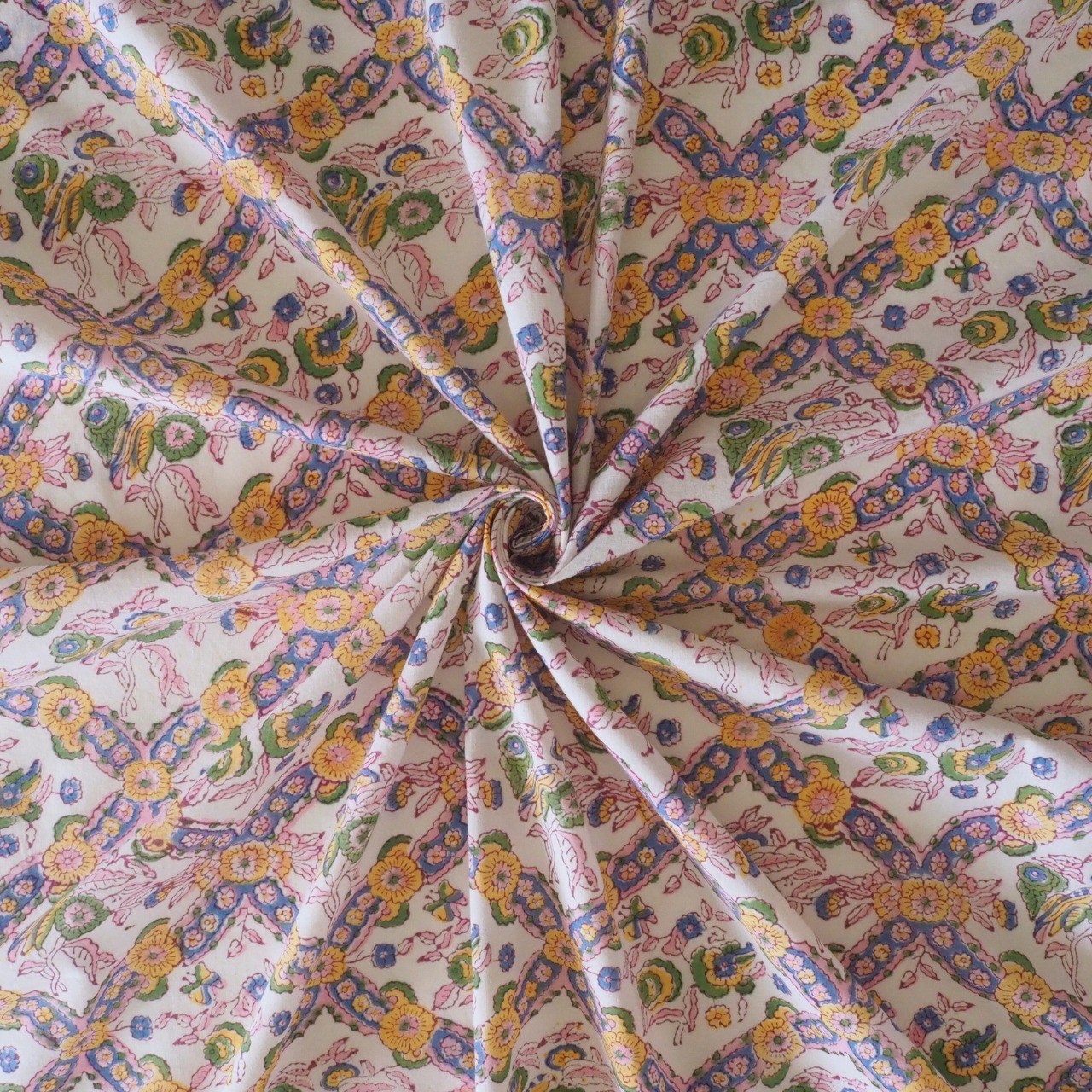 ブロックプリント生地【50cm単位】インド綿  ボタニカル柄 ホワイト #49710-WT1