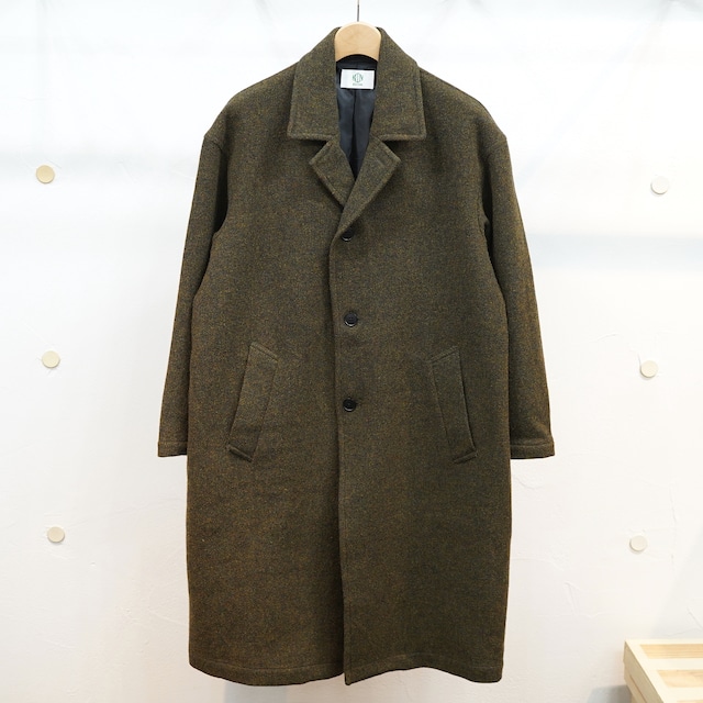 KUONグリーン　ウール・ヴィンテージ着物　オーバーチェスターコート　オリーブ