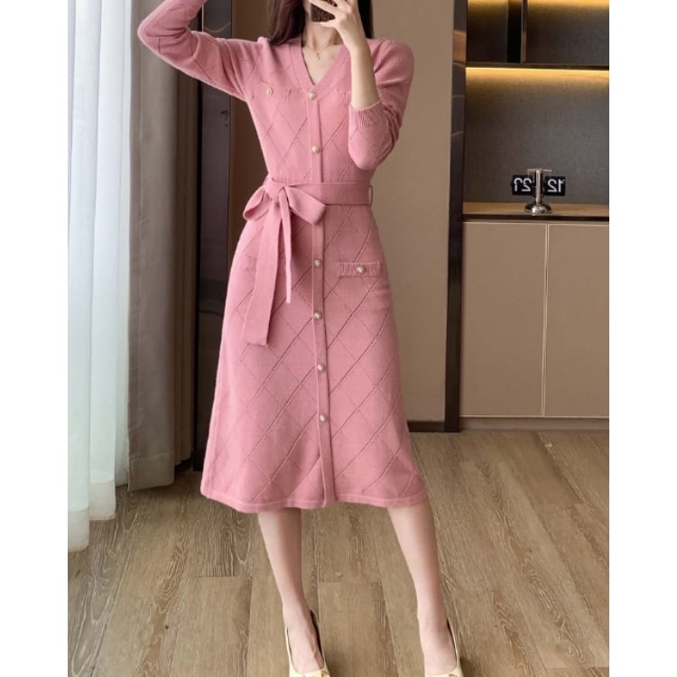 Pink Knit Dress Belted V Neck Button Detail 30029