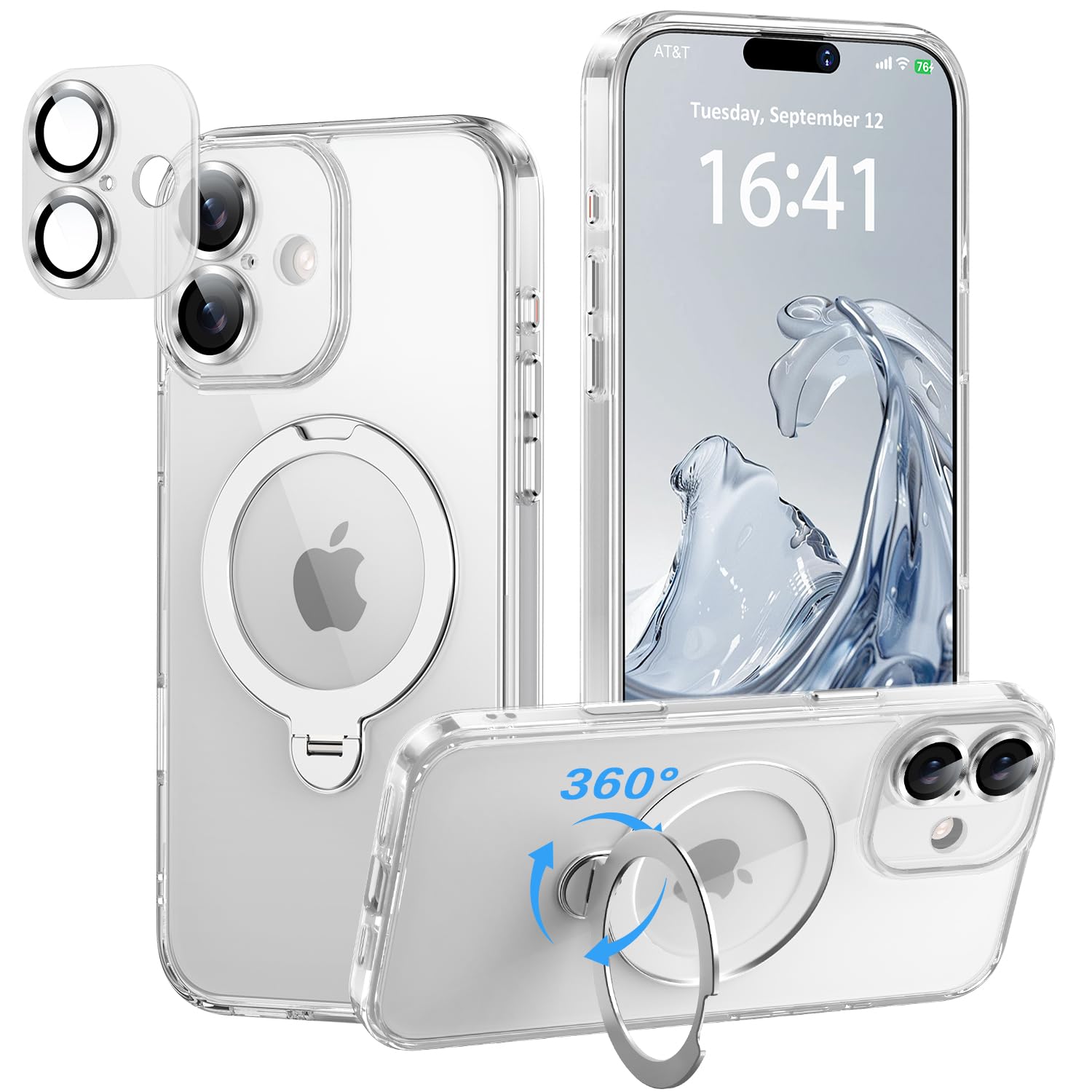 iPhone 17 用 ケース【極限の透明感と保護力】 4in1 カメラ保護一体/MagSafe対応/360度回転スタンド/ストラップホール穴付き 縦横両対応 黄ばみ防止 ワイヤレス充電対応 耐衝撃 カメラフィルム マグネット搭載車載ホルダー対応 マグセーフ対応 あいふおん17ケース (クリア, iPhone17)