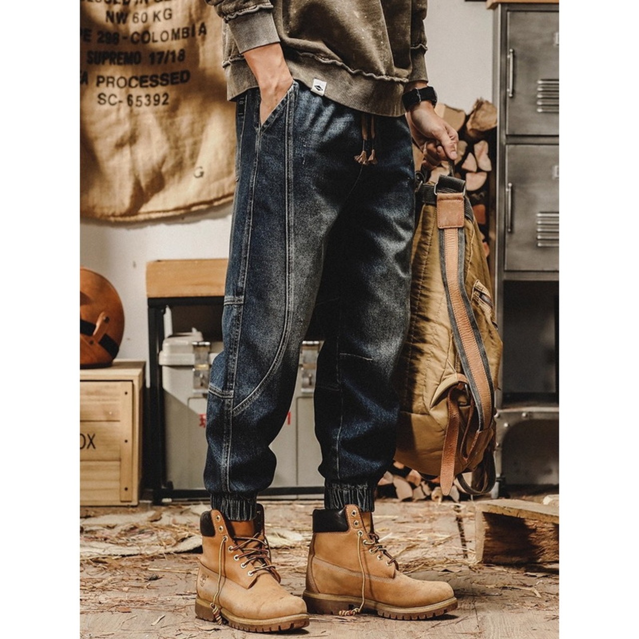 Denim pants with ribbed cuffs work style ◇2color H0789