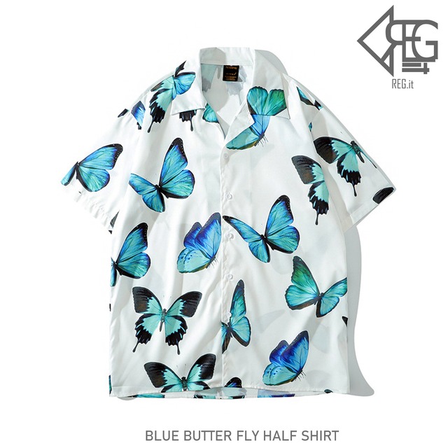 【REGIT】【即納】BLUE BUTTER FLY HALF SHIRT S/S 韓国ファッション トップス ユニセックス 半袖 シャツ ブラウス オーバーサイズ 開きシャツ 蝶々 バタフライ 10代 20代 プチプラ 着回し 着映え ネット通販 TPB028