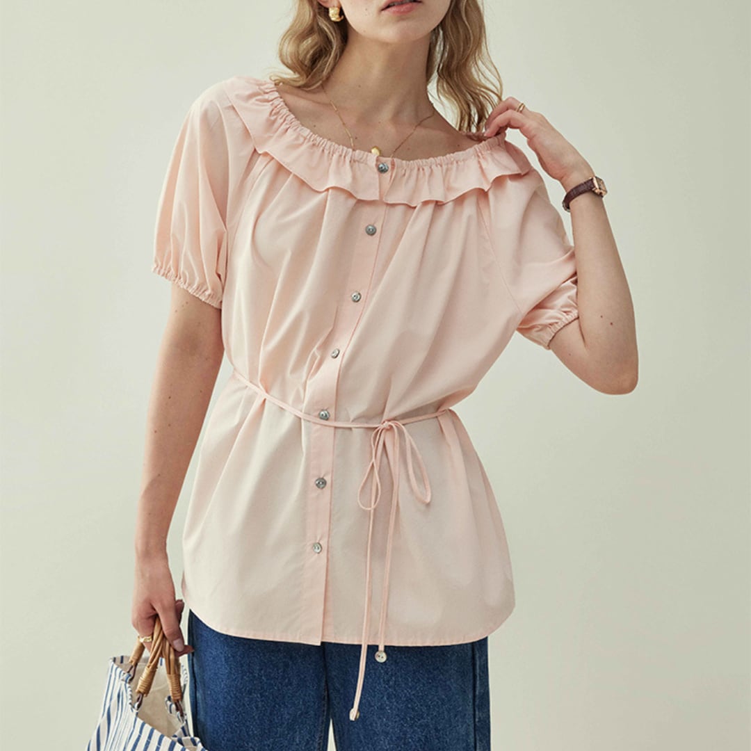 frill neck ribbon waist blouse