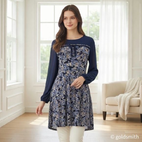 スーパービューティー チュニック パワーネット ペイズリー柄 リボンデザイン 長袖 エレガント 体型カバー 2522007 ネイビー 2025年秋冬 オーラボー Super Beauty レディース きれいめ 上品 ミセス 40代 50代