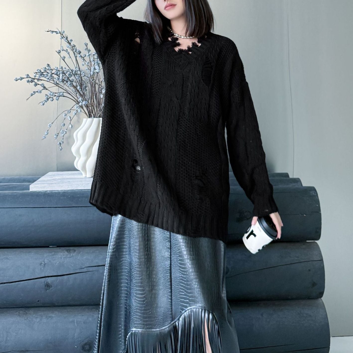 SOLID V-NECK DAMAGE PULLOVER KNIT 2colors M-15151