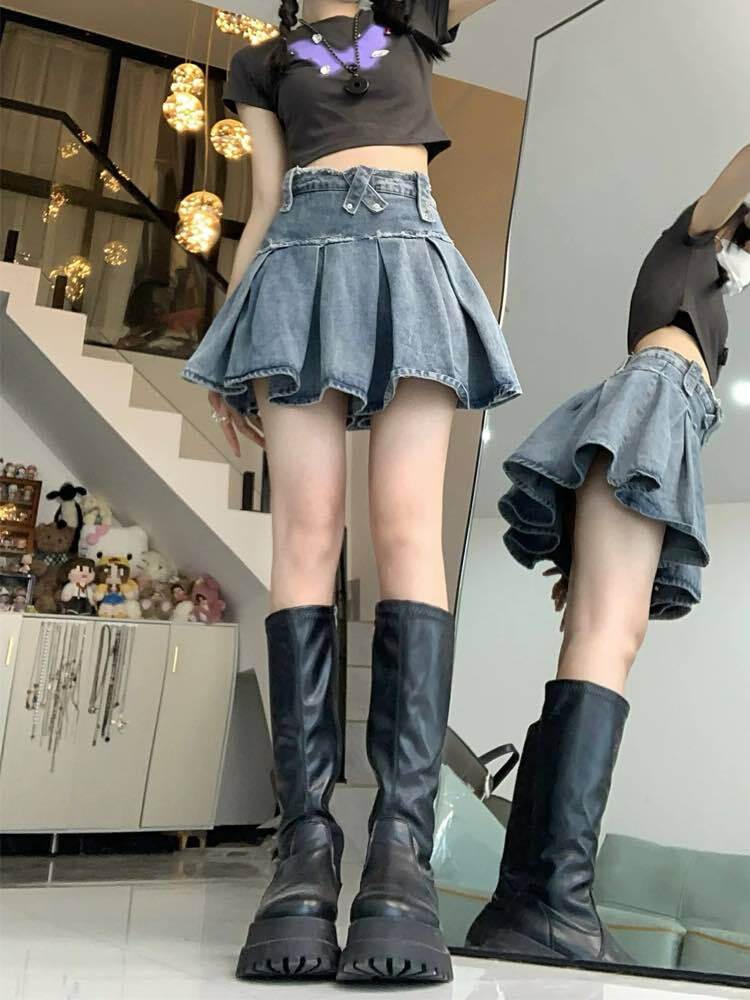 プリーツ×フリンジで差がつく プリーツデニムミニスカート ミニ丈