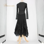 社交ダンス 衣装 スタンダード 上下セット ツーピース レッスンウェア パーティ衣装 黒 ブラック系 モノトーン ラインストーン 伸縮性 有り おしゃれ 上品 シック 大人用 フォーマル ダンス 発表会 講習会 レッスン 雰囲気 鮮やか スタイリッシュ ボディライン活かす