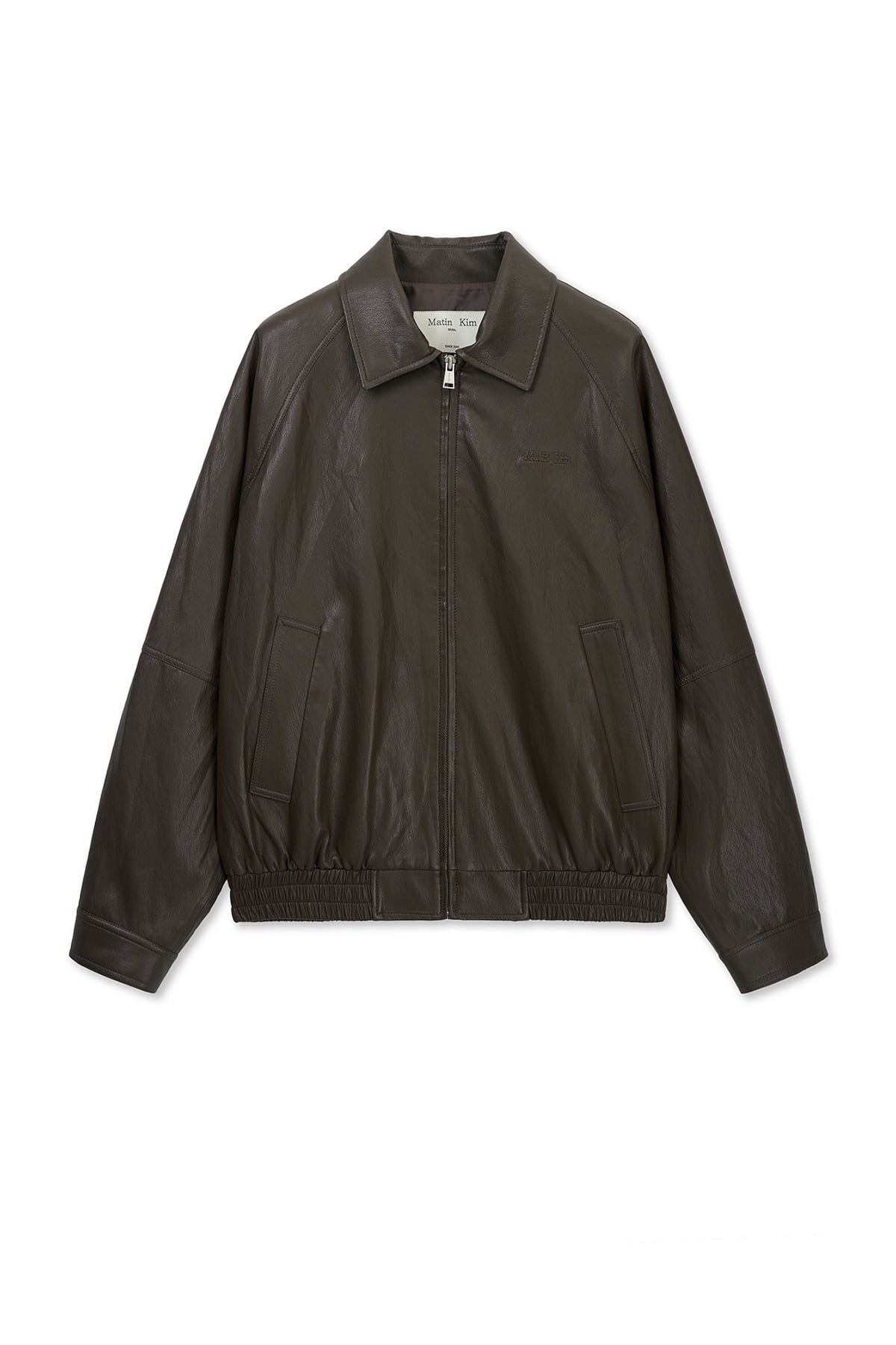 Matin Kim] SMALL LOGO FAUX LEATHER ZIP UP JUMPER IN BROWN 正規品