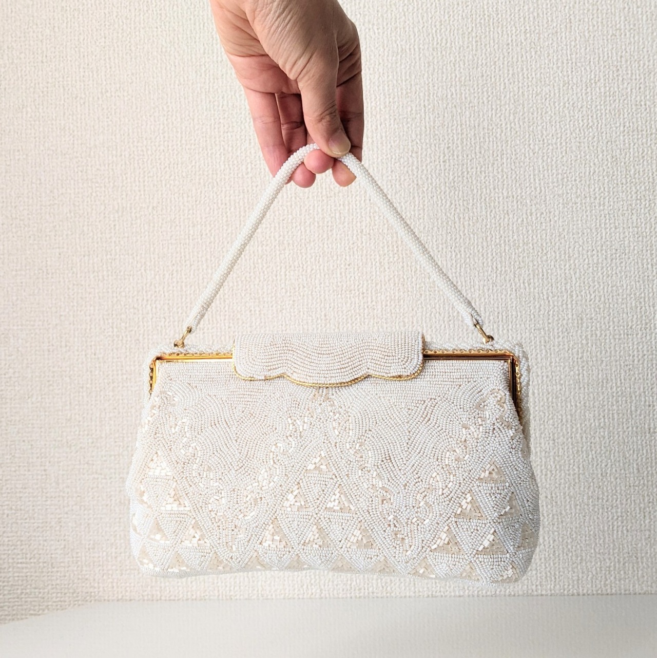 Vintage】ビーズ刺繍バッグ Vintage Beaded Bag 白×ゴールド 
