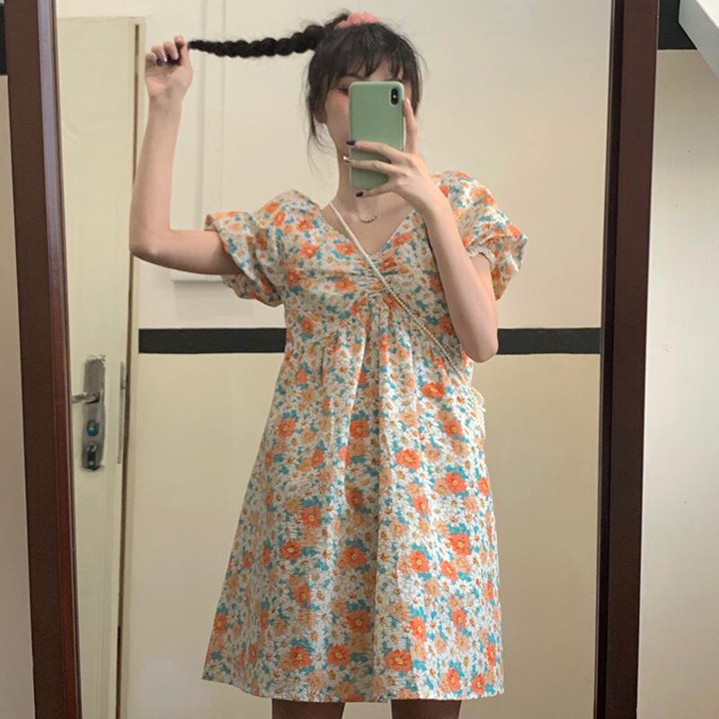 スカート サマースタイル薄手スタンダードVネックスリーブドレス レトロ 夏物 萌量不足3334432415