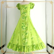 フラダンス 衣装 CC Fashions CCファッション ワンピース グリーン系 花柄 植物柄 ハワイアンプリント ハワイアン アロハ フラ ダンス レッスン 練習 黄緑 緑 ハワイアンダンス フリル フレアスカート ゴールド系 金 華やか 鮮やか さわやか かわいい おしゃれ 上品 ダンス衣装 練習着 レッスンウェア