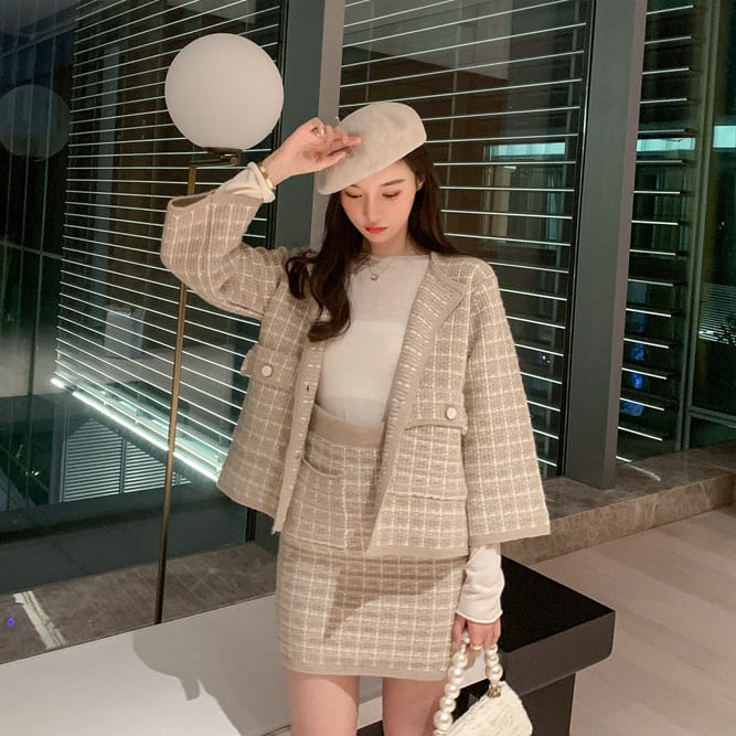 セットアップ ツーピース スーツ チェック柄 ニット セーター ジャケット カーディガン 長袖 七分袖 半端袖 スカート ミニ丈 ベージュ ネイビー 上品 大人 可愛い フェミニン きれいめ きちんと感 お出かけ お呼ばれ デート 秋 冬 レディース Sea Sign Post