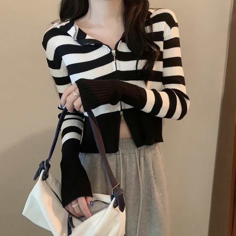 ストライプニットカーディガンスプリングオータム薄手コート スタイルショート 春物 秋物 ピュア スーパーモール494007943