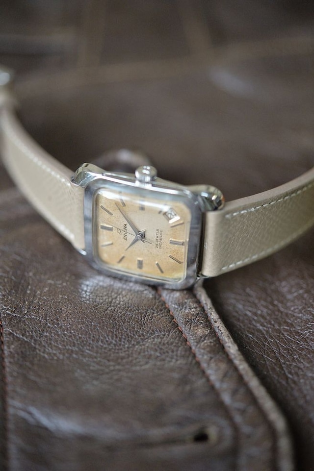 Vintage ENICAR watch square case, Linen champagne gold dial