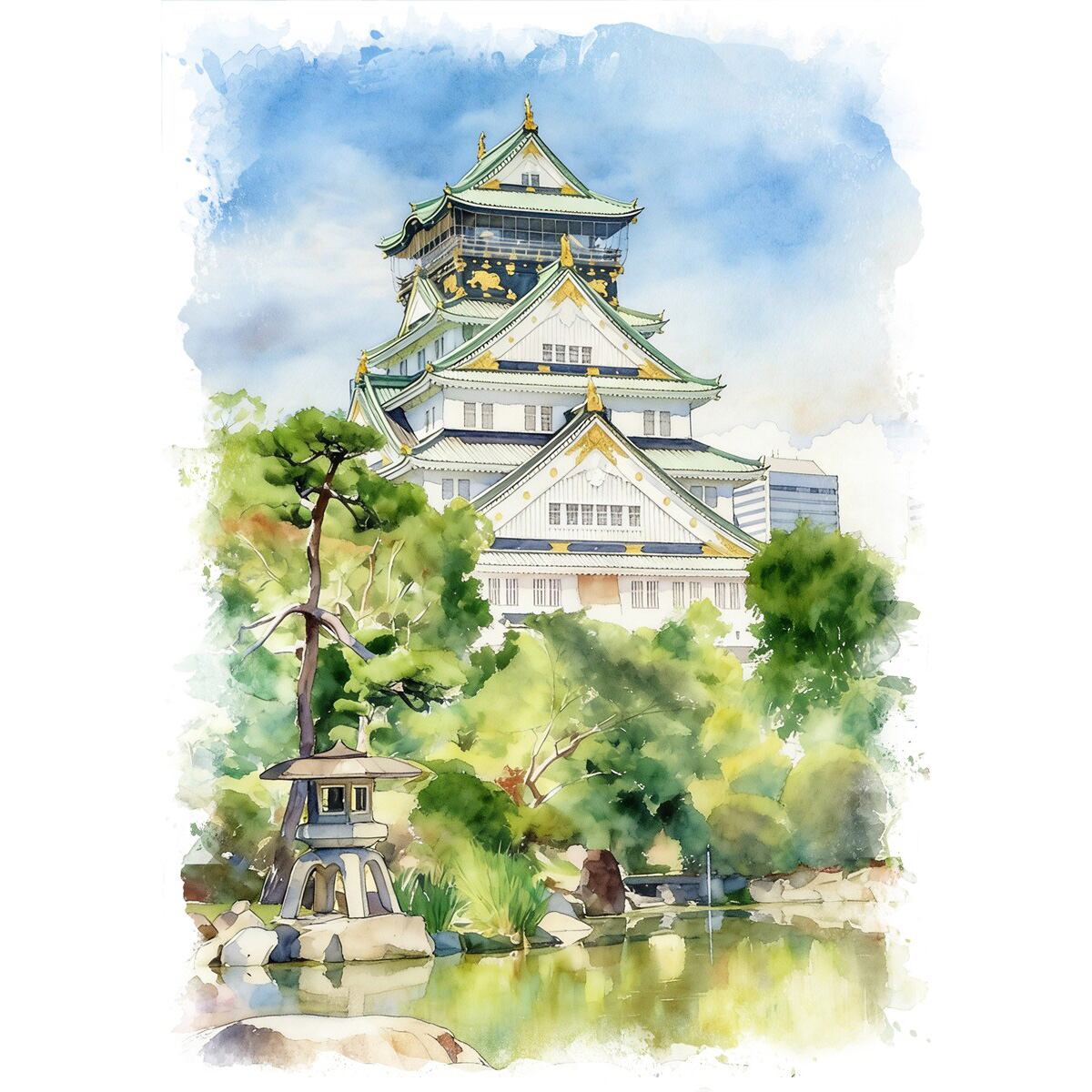 絵画 風景画 日本の城 新緑の大阪城 インテリアアート額付き 水彩画・油絵風 WAT0830