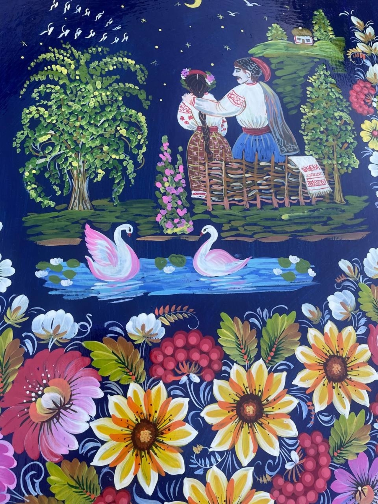 【池のほとり、柳のそばで】ペトリキウカ塗り　壁掛け手描き絵画（ヴァレンティナ・ホメンコ） - 14