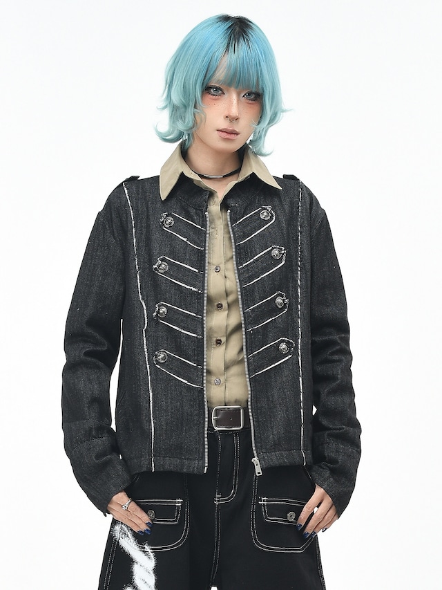 【OV EuroV】ナポレオン装飾 × カットオフフリンジ デニムジップアップジャケット