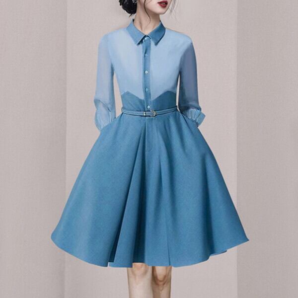 新作 21年 ワンピースドレス ワンピース 秋 長袖ワンピース ハイウエスト ハイウェスト ウエストマーク ベルト フレアワンピース ワンピース Aライン フレア 膝丈ワンピース 膝下ワンピース 前ボタンワンピース フロントボタンワンピース お呼ばれ 上品 P7779 Kirari