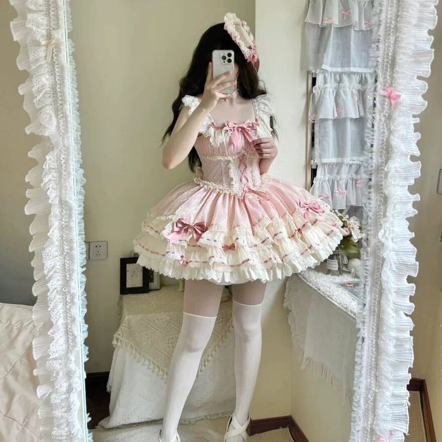 甘ロリ ピンクリボンレースJSK ミニ丈フリルジャンパースカート