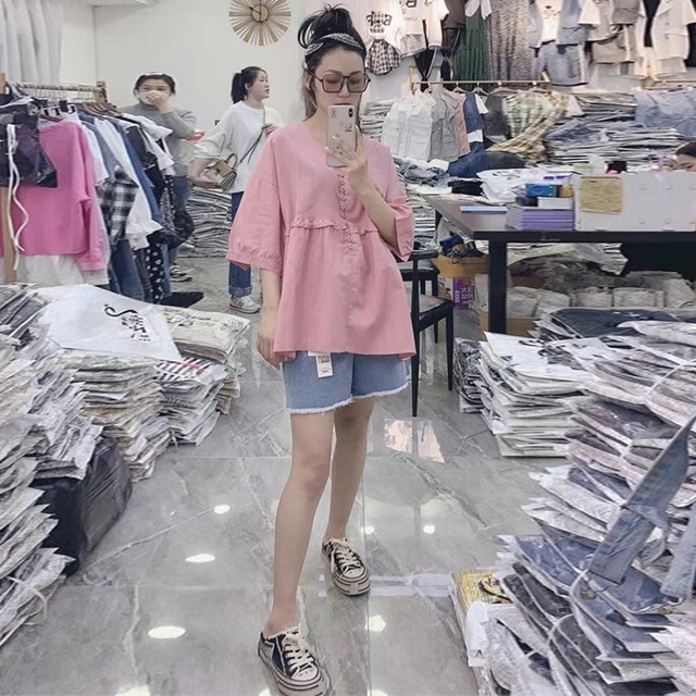 サマースタイルVネックルーズカジュアルトップス 大きめサイズ 夏物 ミックスインファッション66917238076