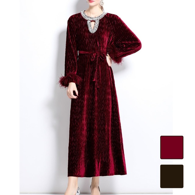 ベルベットビジューネックワンピース 2color L2012
