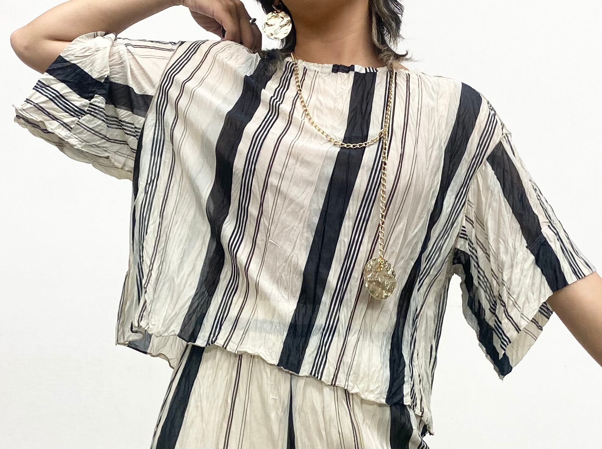 STRIPE CRINKLE-FIN CROPPED TEE