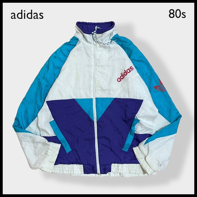 【adidas】80s トラックジャケット ブルゾン ワンポイントロゴ TEAMadidas チームアディダス バックプリント 切替 マルチカラー 万国旗タグ 銀タグ アディダス US古着