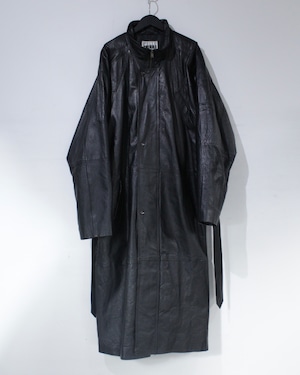 【Caka BLACK】Stand Collar Vintage Leather Long Coat