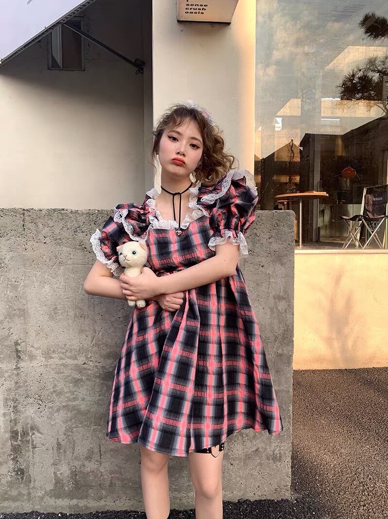 ワンピース ピンク グレー チェック オフショルダー チェック