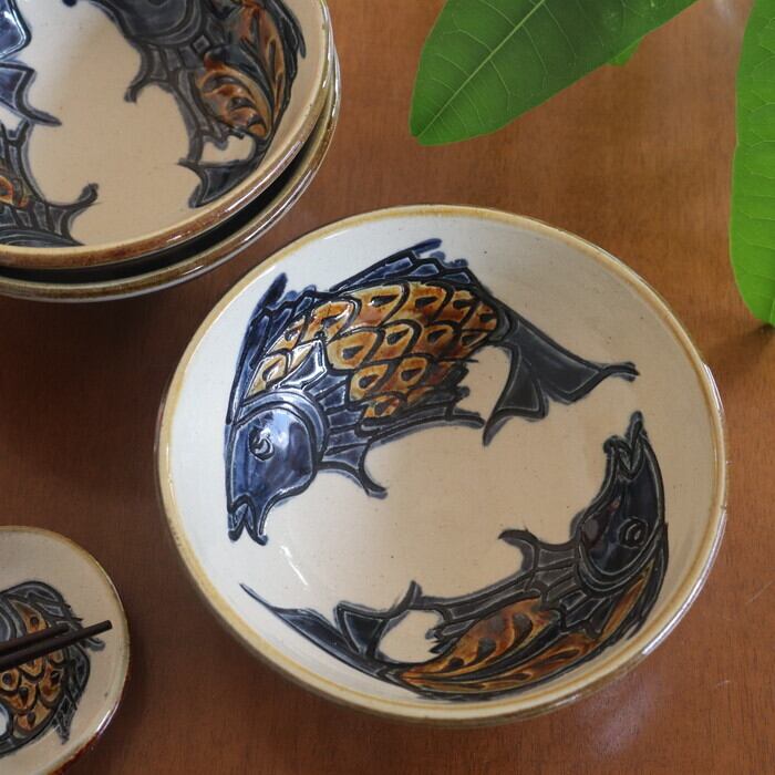 やちむん 陶眞窯 5寸鉢 魚紋 Yachimun Bowl Fish #346 | 和食器のお店