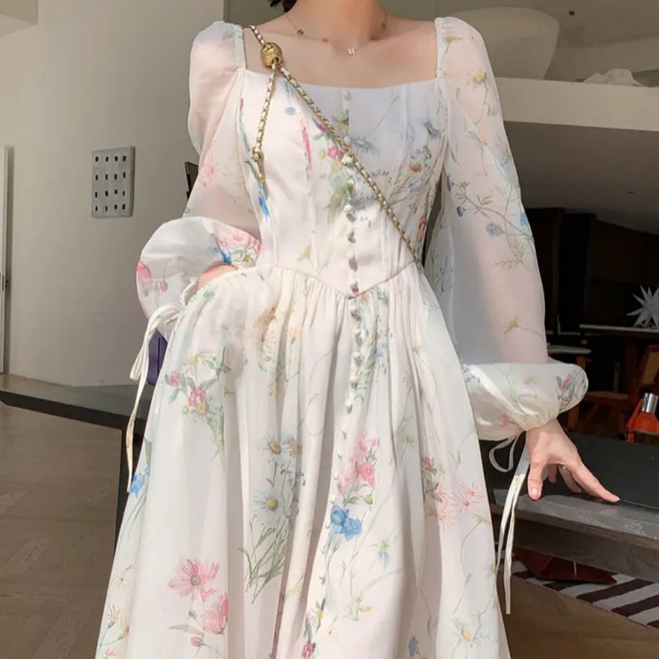 【S-2XL】フラワーフレンチ ワンピース