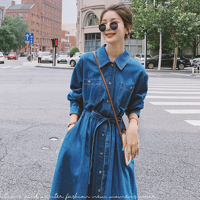 ワンピース レディース シャツワンピ ウエストベルト 膝下丈 ロングワンピ デニム カジュアル かわいい S/M/L/XL